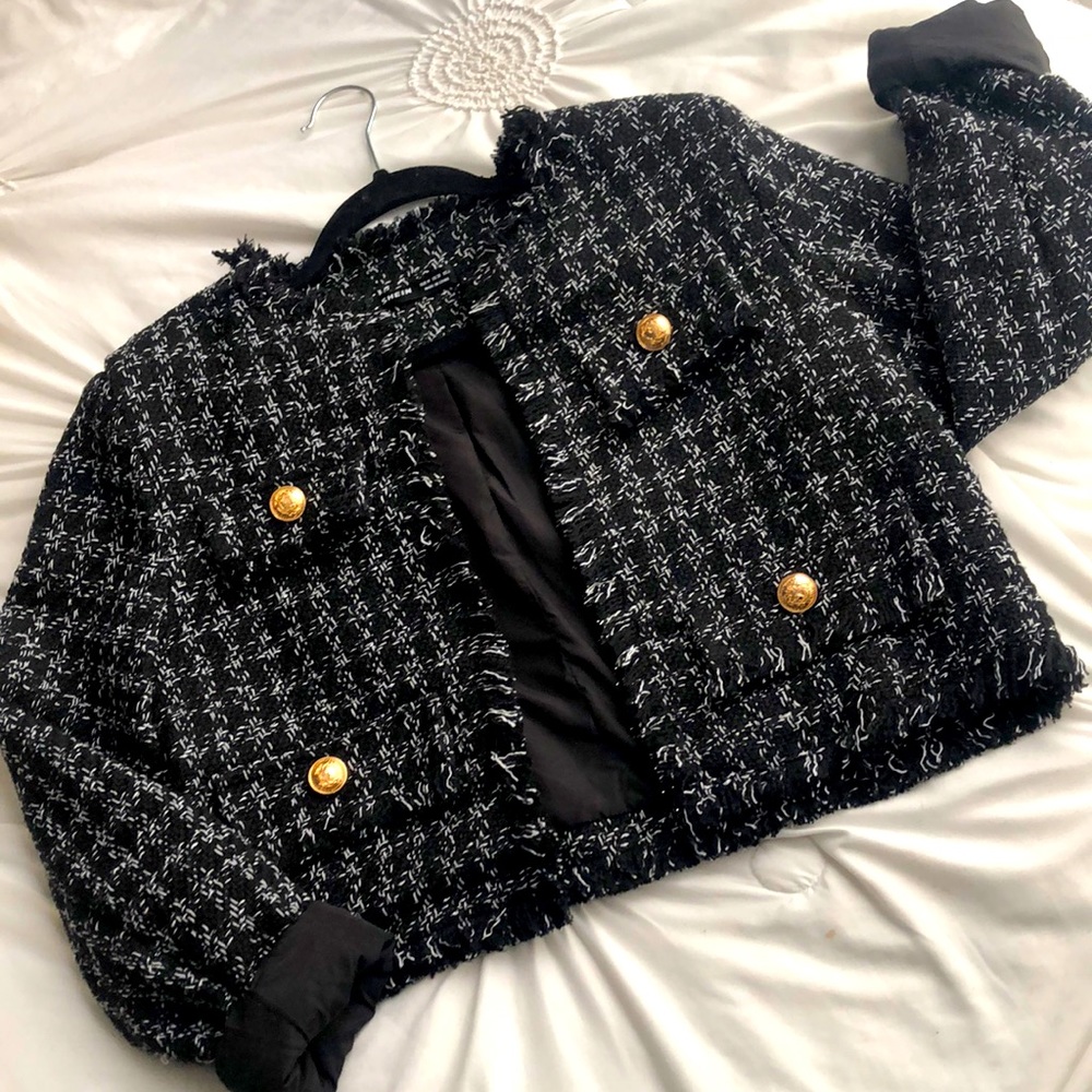 SHEIN Frayed Trim Button Front Tweed Jacket